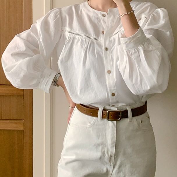 Gathered Panel Blouse with Round Neck and Long Sleeves