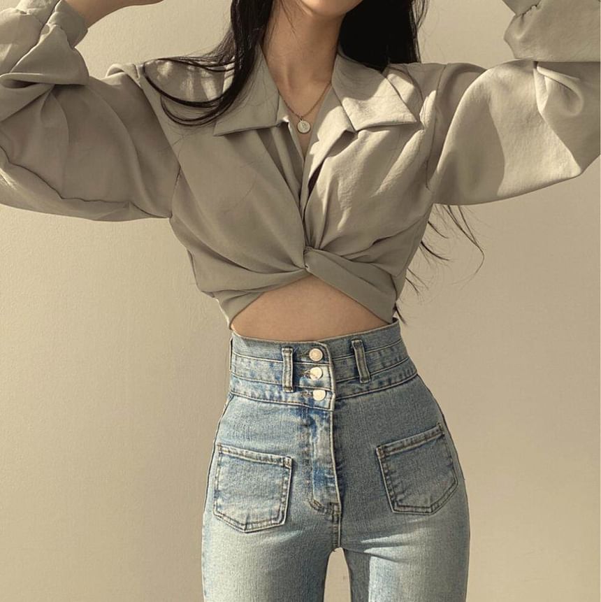 Ruched Tie-Back Collared Crop Shirt with Long Sleeves