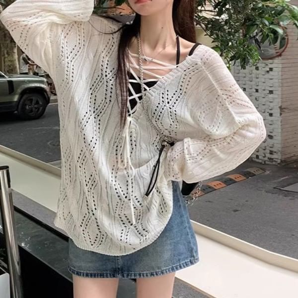 Pointelle Knit V-Neck Lace-Up Top with Long Sleeves