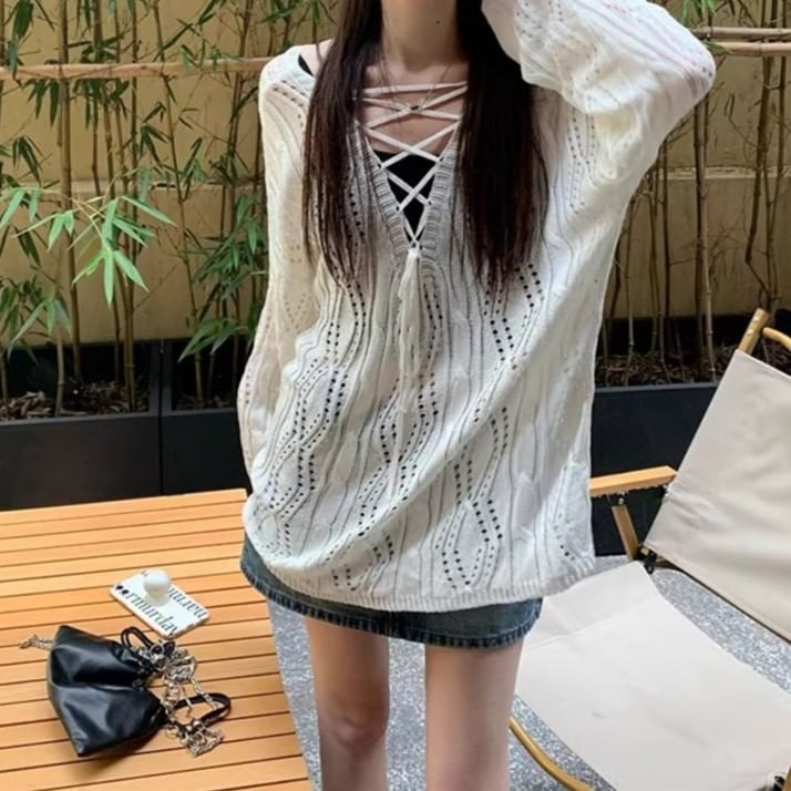 Pointelle Knit V-Neck Lace-Up Top with Long Sleeves