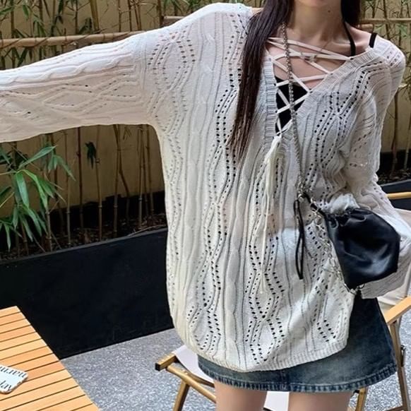 Pointelle Knit V-Neck Lace-Up Top with Long Sleeves