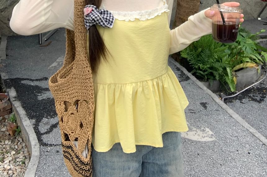 Long-Sleeve Round Neck Tee and Ruffle Tunic Camisole Set
