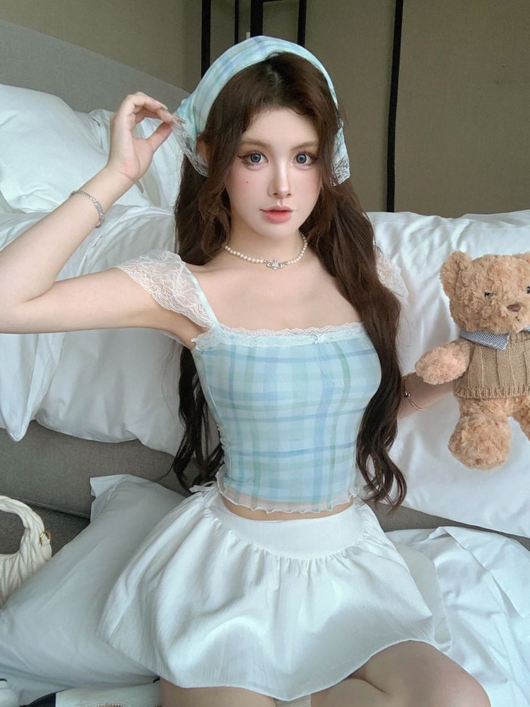 Plaid Lace-Trim Scoop Neck Camisole