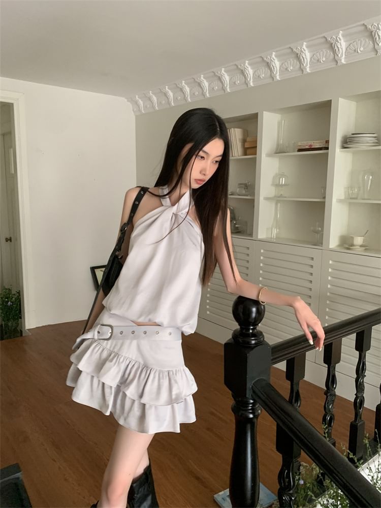 Halter Crop Top with Belted Tiered Mini Skirt