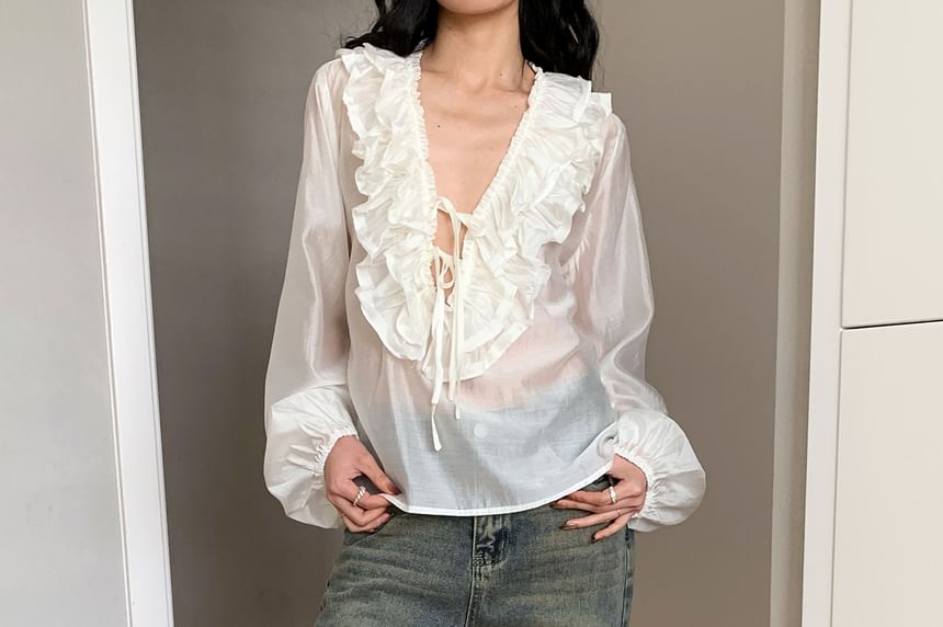Plunging Lace Crop Top with Long Sleeves