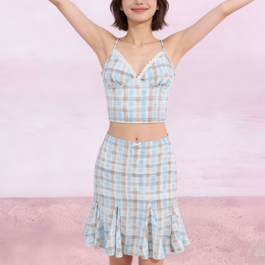 Plaid Crop Camisole and Mermaid Skirt Set - Altfashion Shop