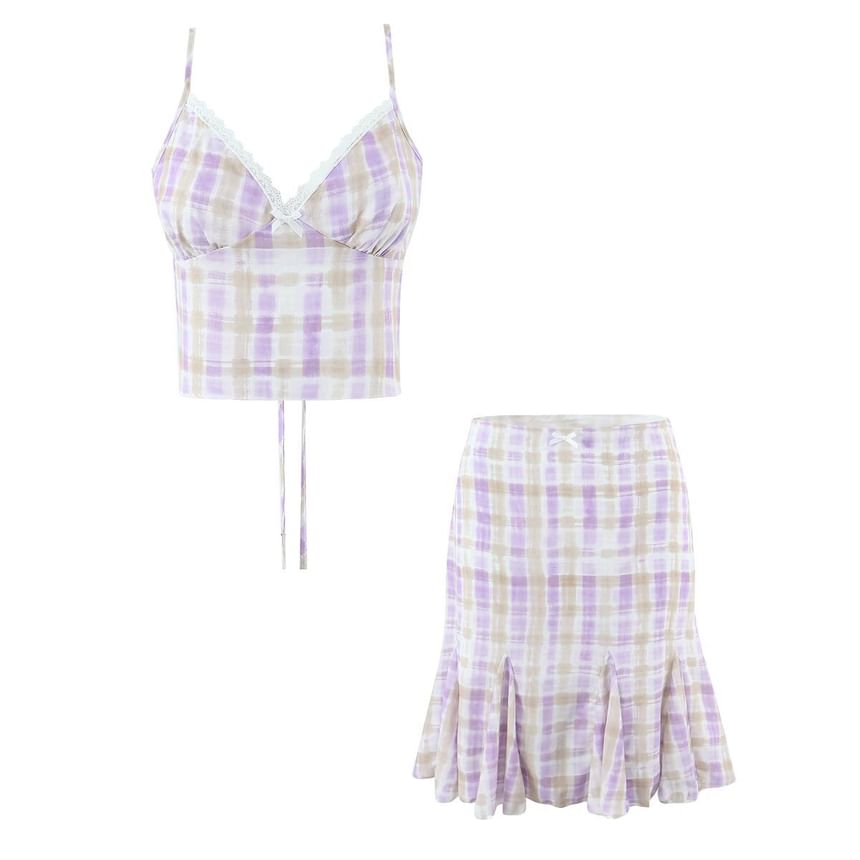 Plaid Crop Camisole and Mermaid Skirt Set - Altfashion Shop