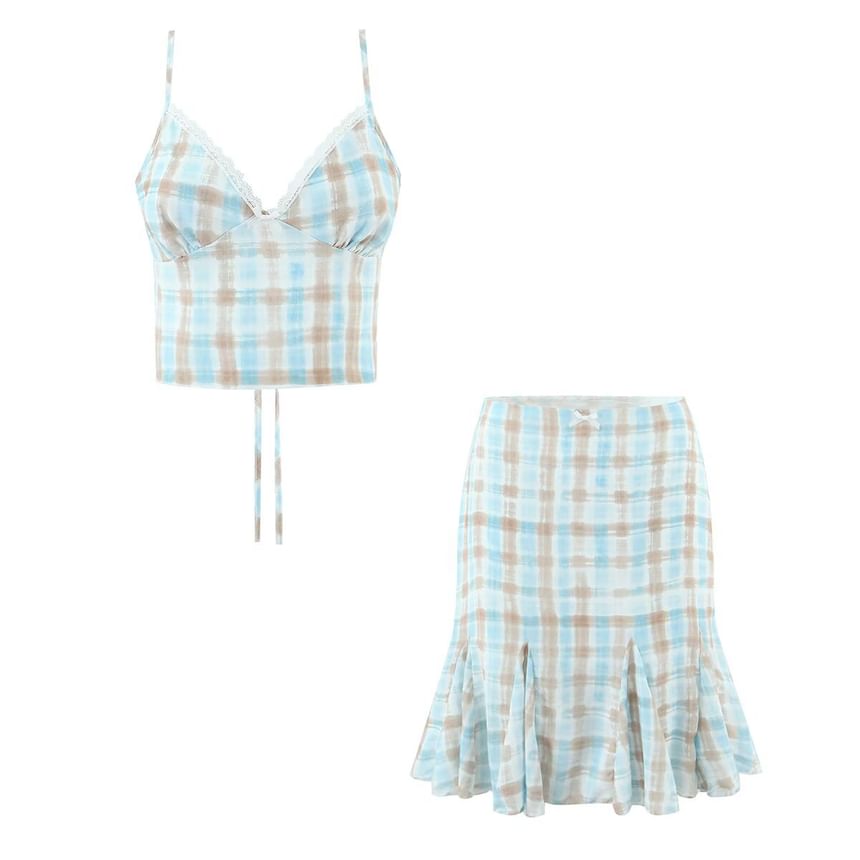 Plaid Crop Camisole and Mermaid Skirt Set - Altfashion Shop
