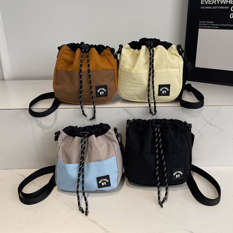 Color Panel Drawstring Bucket Bag