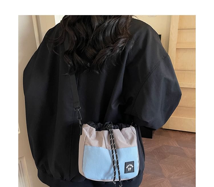 Color Panel Drawstring Bucket Bag