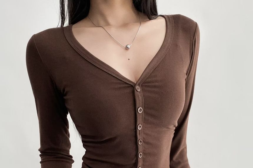 Button Up Crop Tee - Long Sleeve V-Neck