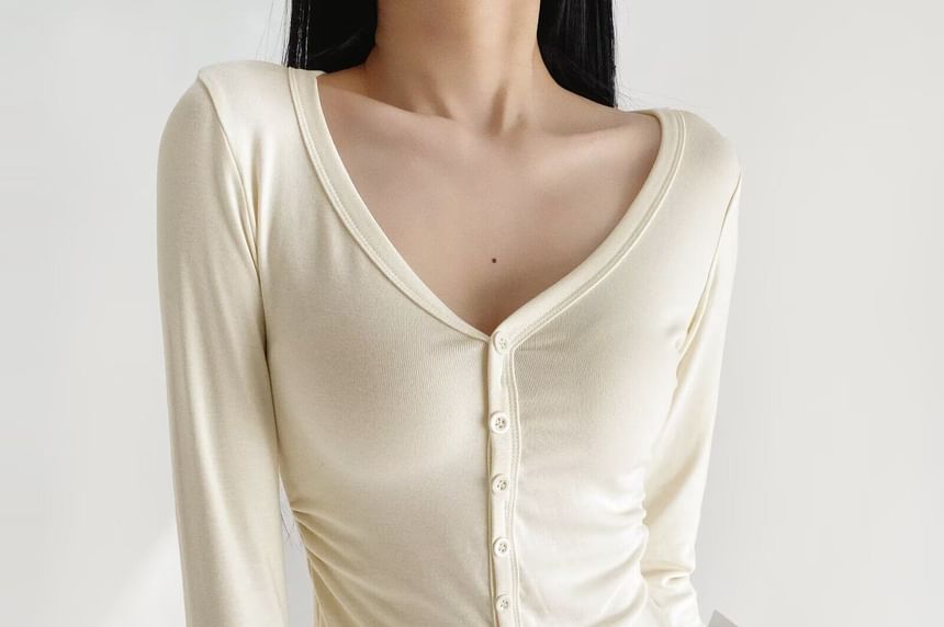 Button Up Crop Tee - Long Sleeve V-Neck