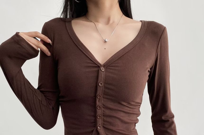 Button Up Crop Tee - Long Sleeve V-Neck