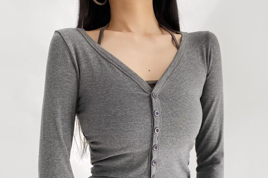 Button Up Crop Tee - Long Sleeve V-Neck