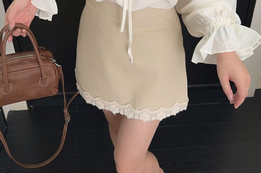 Ruffle Blouse and Lace Vest with Mini A-Line Skirt Set - Altfashion Shop