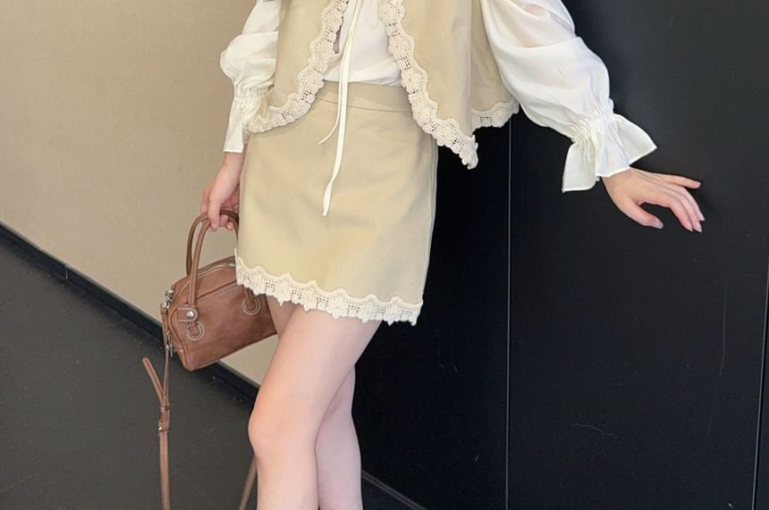 Ruffle Blouse and Lace Vest with Mini A-Line Skirt Set - Altfashion Shop