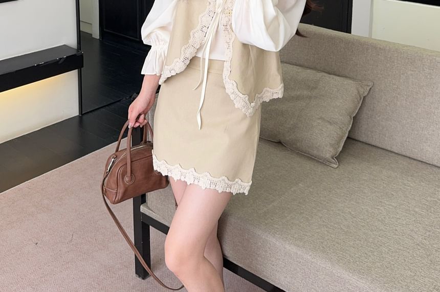 Ruffle Blouse and Lace Vest with Mini A-Line Skirt Set - Altfashion Shop