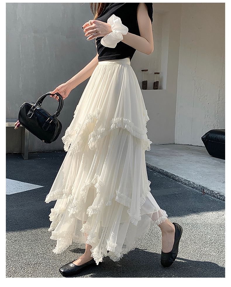 Tiered Maxi A-Line Skirt with Elastic Waist - Altfashion Shop