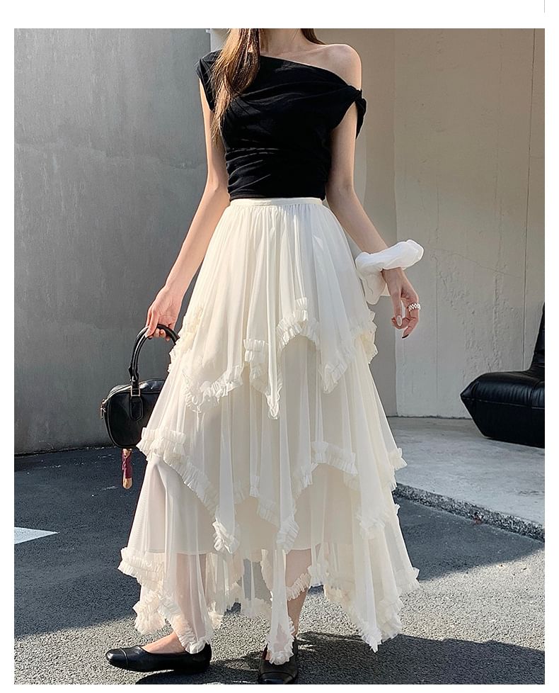 Tiered Maxi A-Line Skirt with Elastic Waist - Altfashion Shop