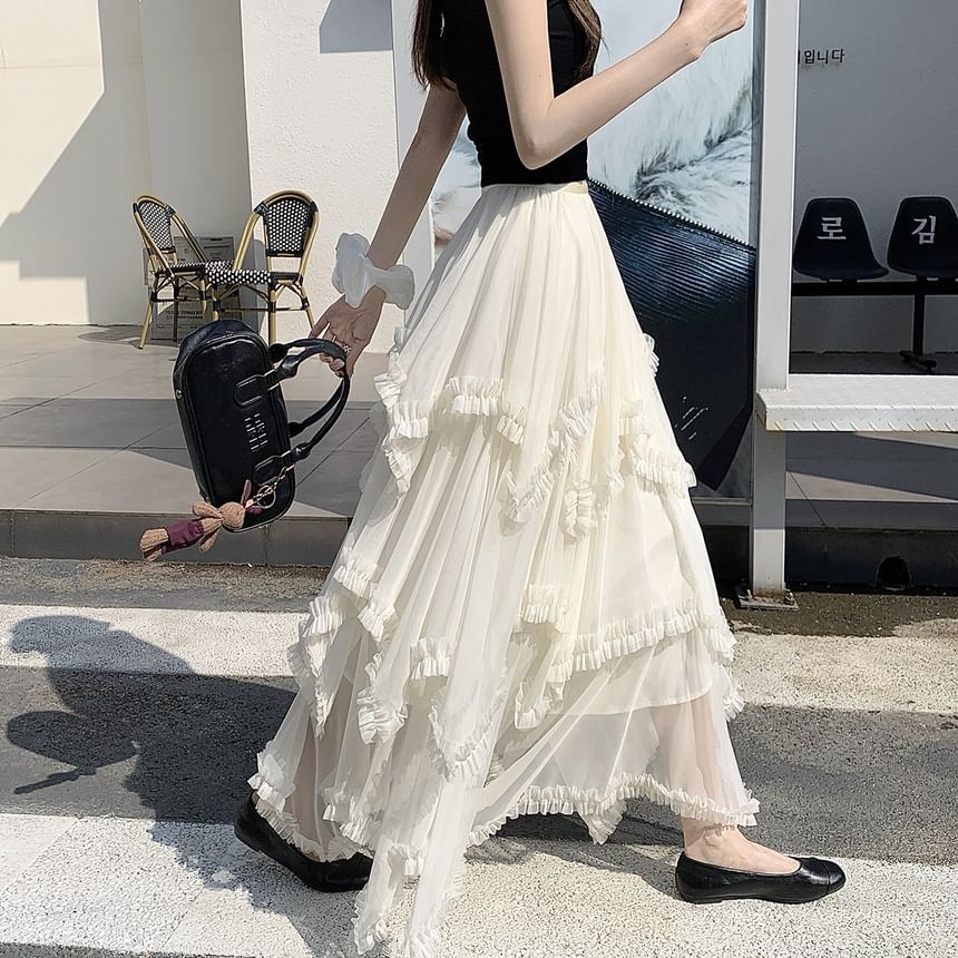 Tiered Maxi A-Line Skirt with Elastic Waist - Altfashion Shop