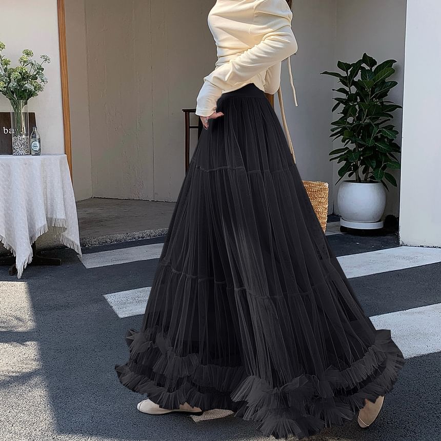 Sheer Ruffle Trim Maxi A-Line Skirt with Elastic Waist - Altfashion Shop