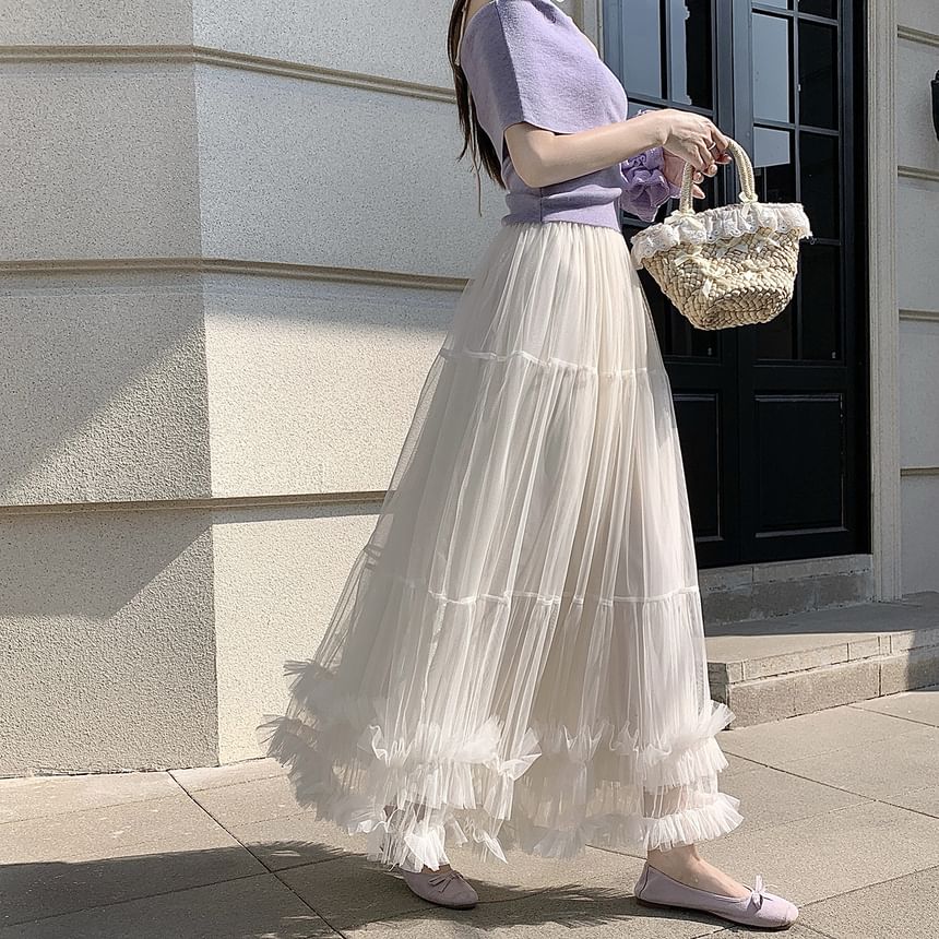 Sheer Ruffle Trim Maxi A-Line Skirt with Elastic Waist - Altfashion Shop