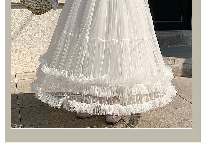 Sheer Ruffle Trim Maxi A-Line Skirt with Elastic Waist - Altfashion Shop