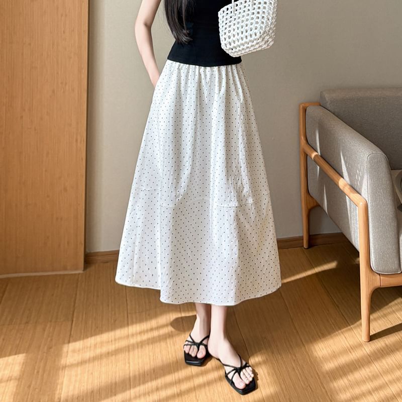 Elastic Waist Dotted Maxi A-Line Skirt - Altfashion Shop