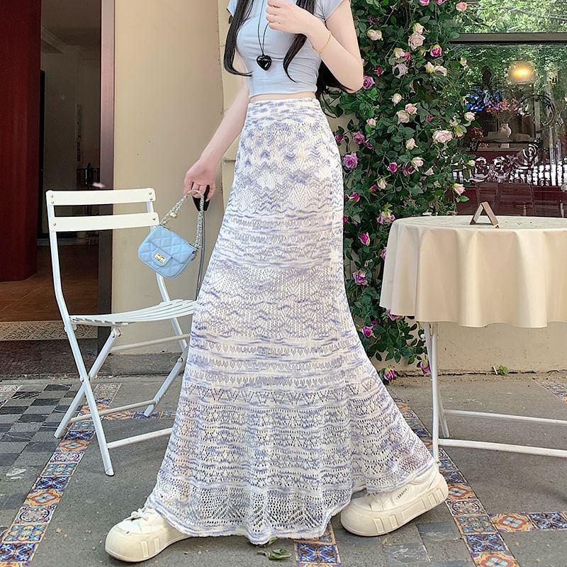 Mermaid Knit Maxi Skirt with Pointelle Pattern - Altfashion Shop