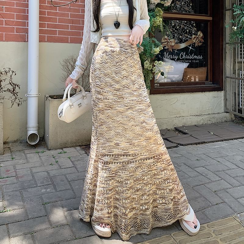 Mermaid Knit Maxi Skirt with Pointelle Pattern - Altfashion Shop