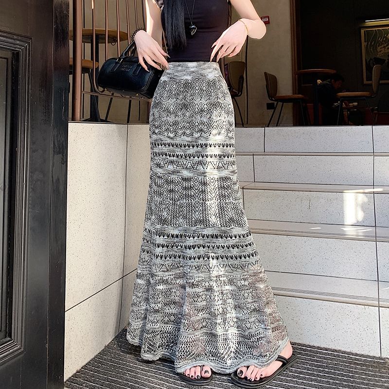 Mermaid Knit Maxi Skirt with Pointelle Pattern - Altfashion Shop