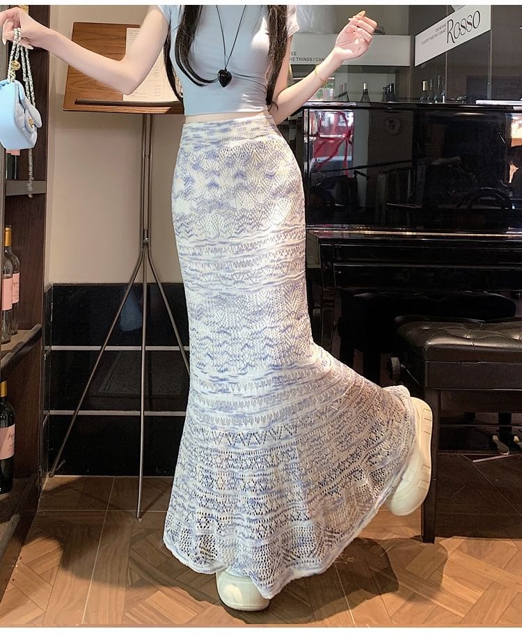 Mermaid Knit Maxi Skirt with Pointelle Pattern - Altfashion Shop