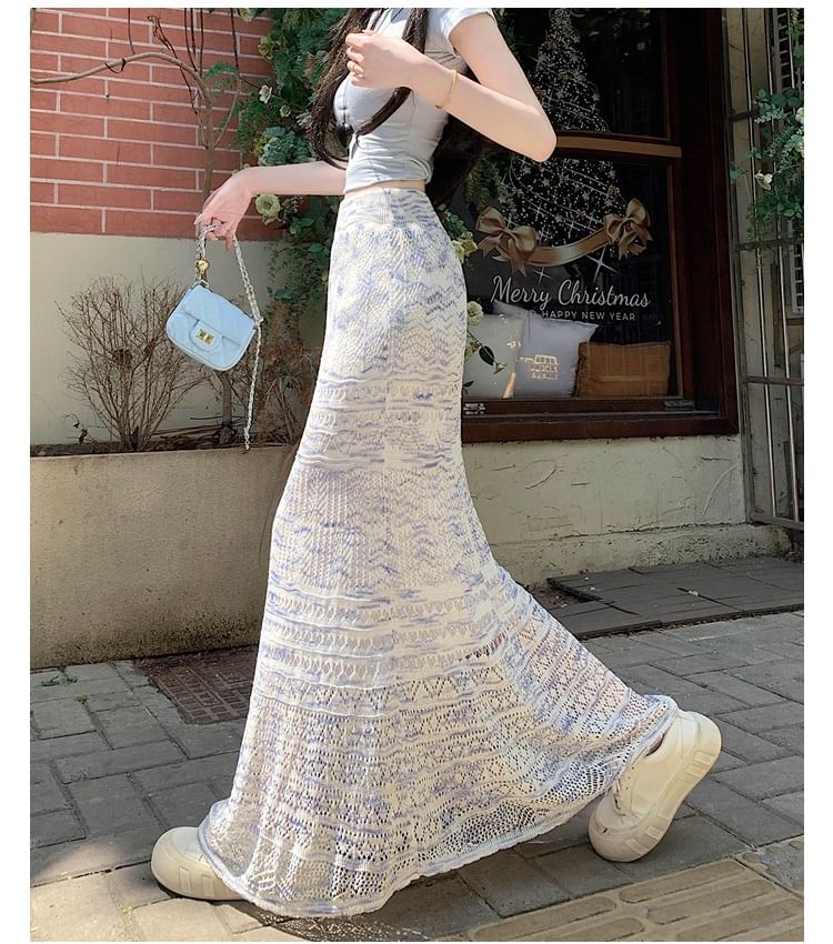 Mermaid Knit Maxi Skirt with Pointelle Pattern - Altfashion Shop