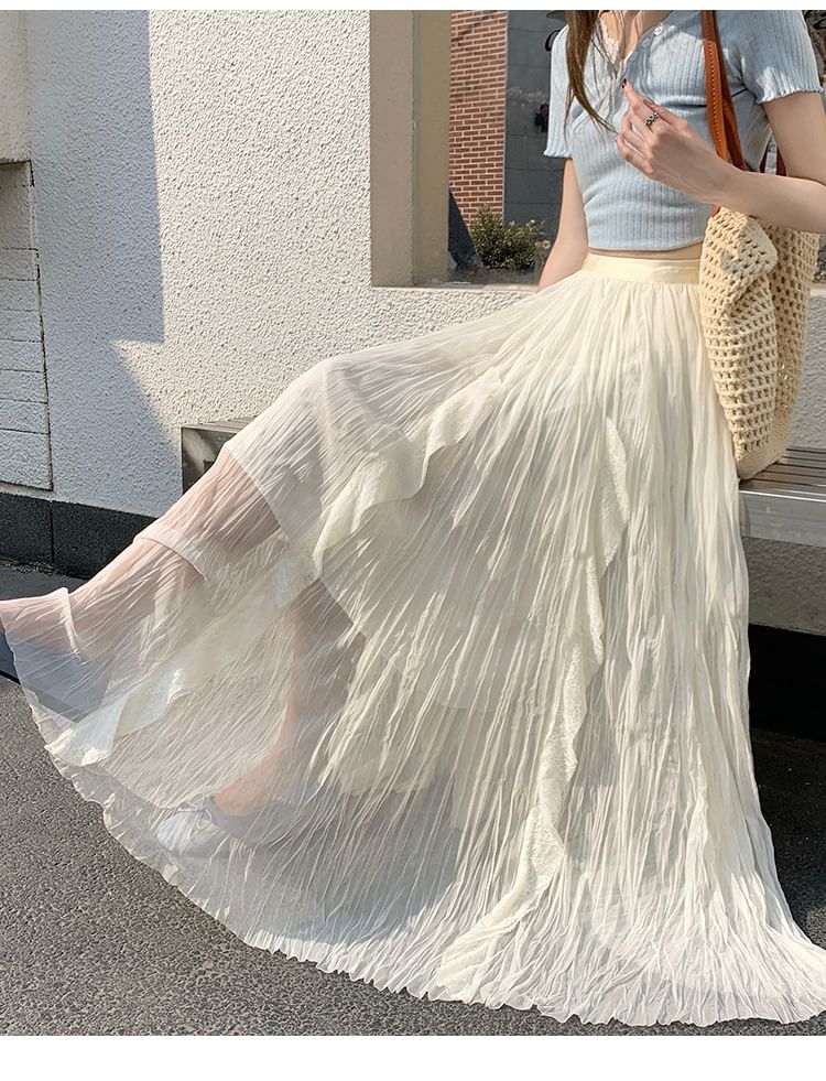 Black Pleated Maxi Skirt with Elastic Waist - Altfashion Shop