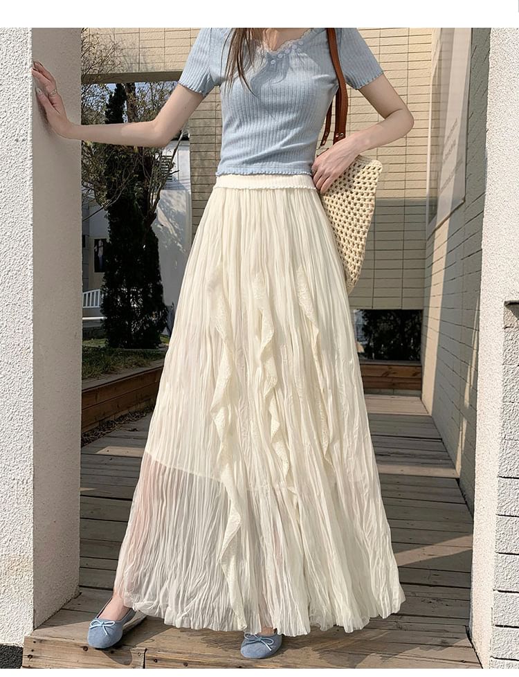 Black Pleated Maxi Skirt with Elastic Waist - Altfashion Shop