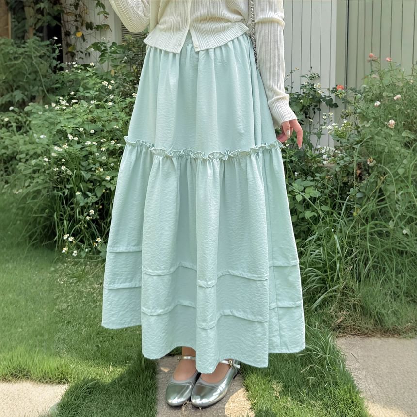 Plus Size Elastic Waist Frill Panel Maxi A-Line Skirt