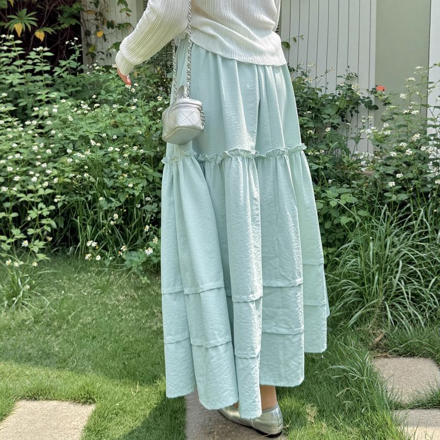 Plus Size Elastic Waist Frill Panel Maxi A-Line Skirt