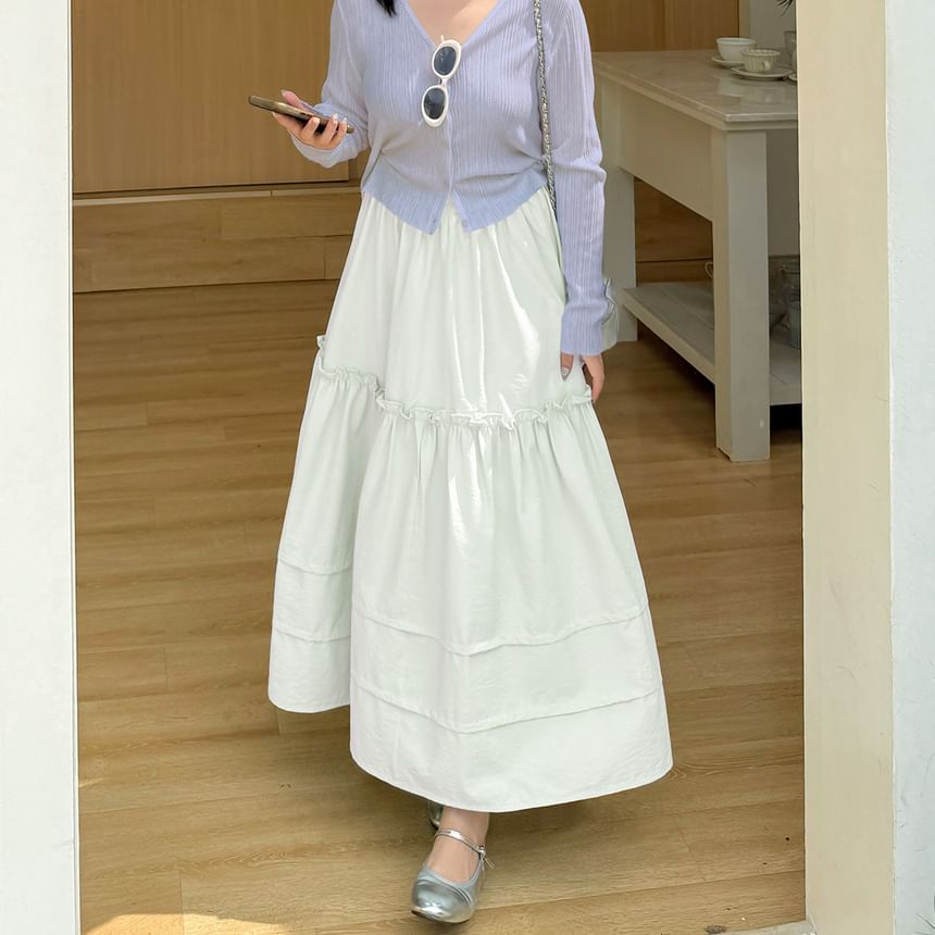 Plus Size Elastic Waist Frill Panel Maxi A-Line Skirt