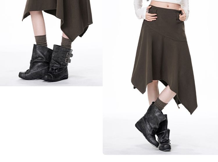 Plain Mid Waist Asymmetrical Midi A-Line Skirt