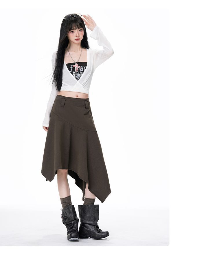 Plain Mid Waist Asymmetrical Midi A-Line Skirt