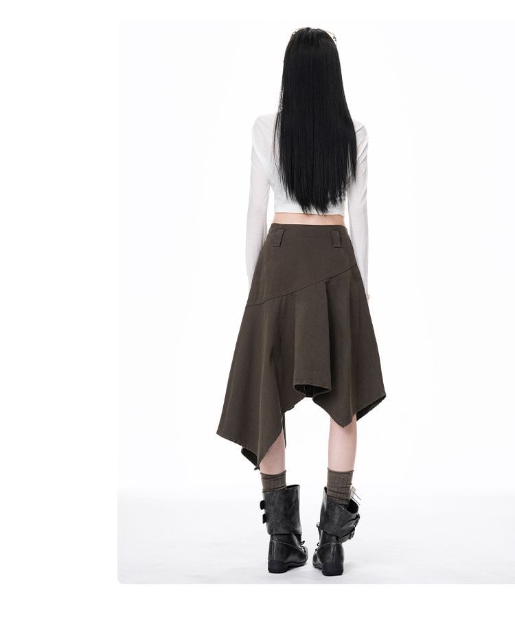 Plain Mid Waist Asymmetrical Midi A-Line Skirt
