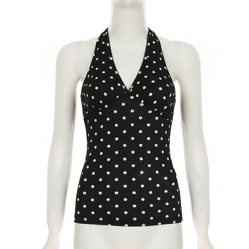 Polka Dot Halter Top and Mid Rise Plain Pencil Skirt Set