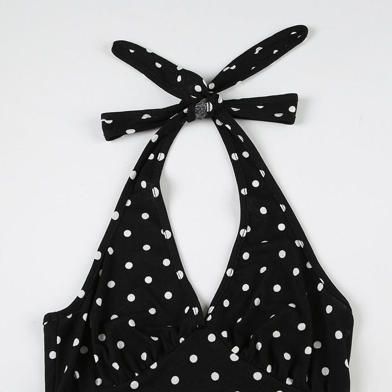Polka Dot Halter Top and Mid Rise Plain Pencil Skirt Set