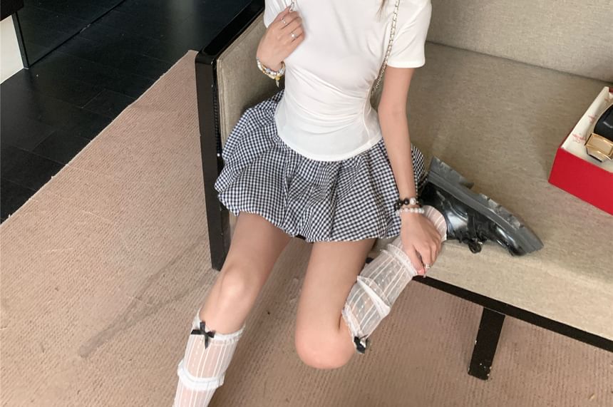 Ruched T-Shirt and Plaid Bubble Mini Skirt Set - Altfashion Shop