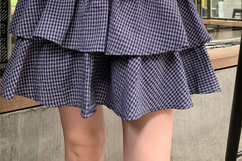 Mid Rise Plaid Mini Tiered Skirt - Altfashion Shop