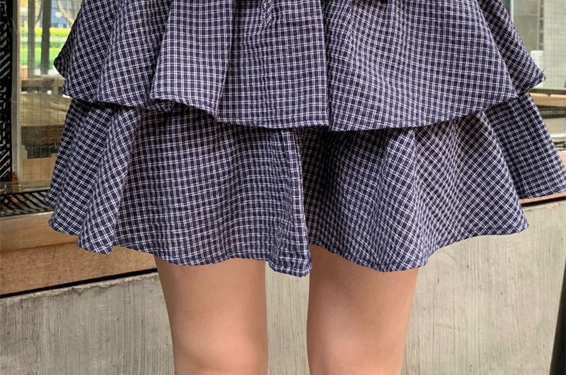 Mid Rise Plaid Mini Tiered Skirt - Altfashion Shop