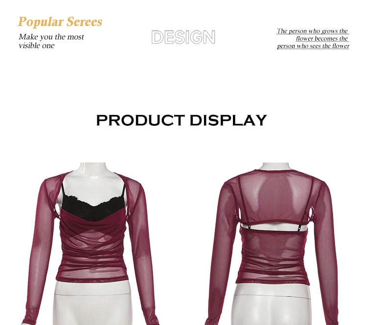 Two-Tone Mesh Camisole and Ruched Shrug Set with Skirt - Altfashion Shop