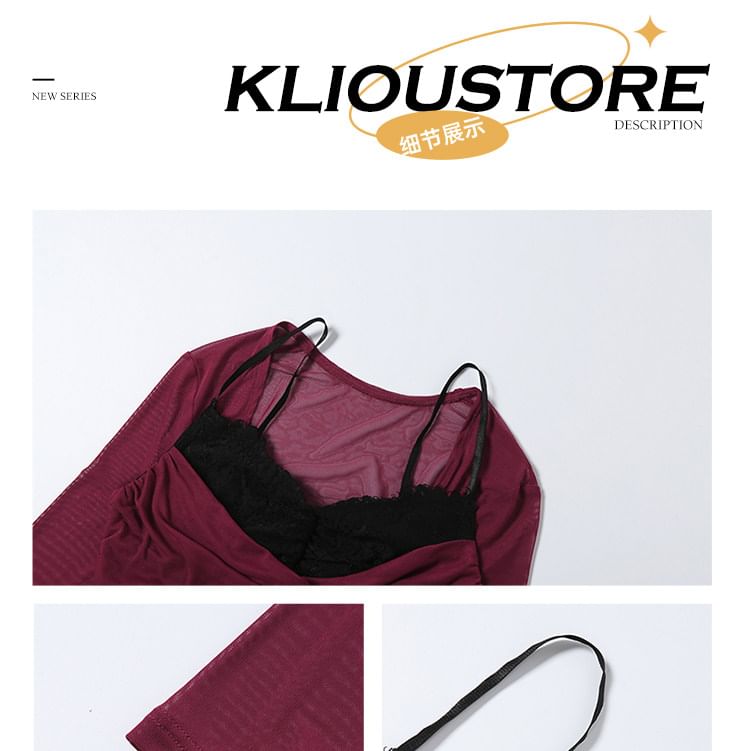 Two-Tone Mesh Camisole and Ruched Shrug Set with Skirt - Altfashion Shop