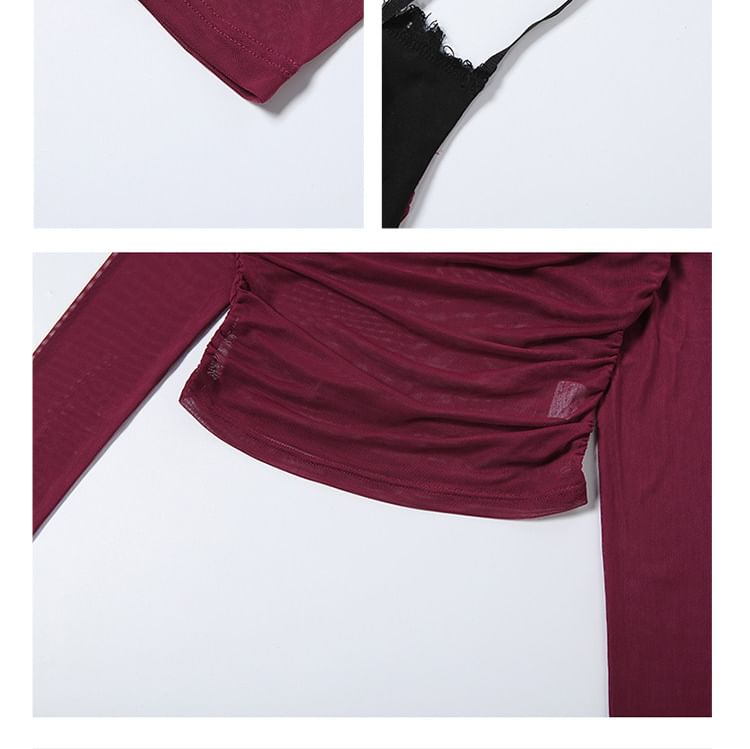Two-Tone Mesh Camisole and Ruched Shrug Set with Skirt - Altfashion Shop