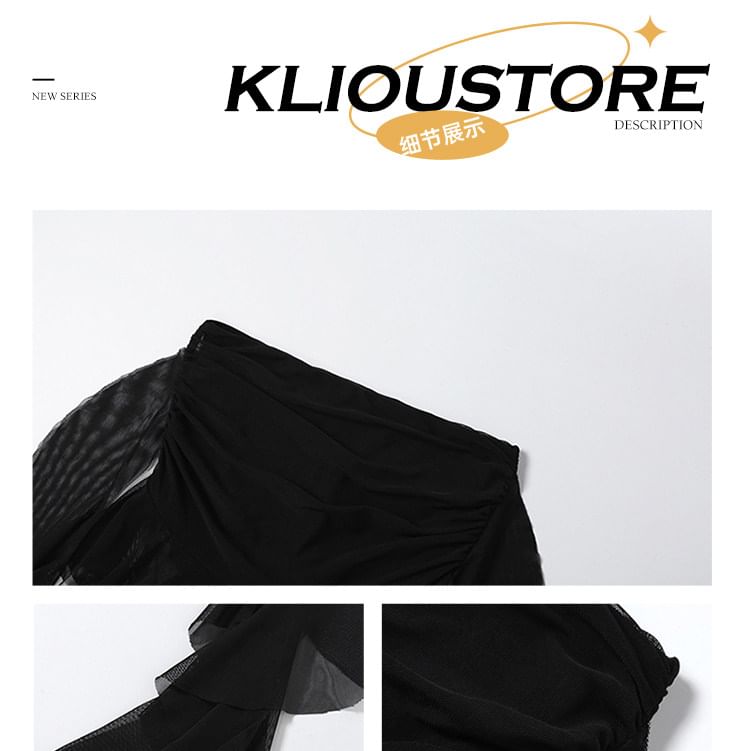 Two-Tone Mesh Camisole and Ruched Shrug Set with Skirt - Altfashion Shop
